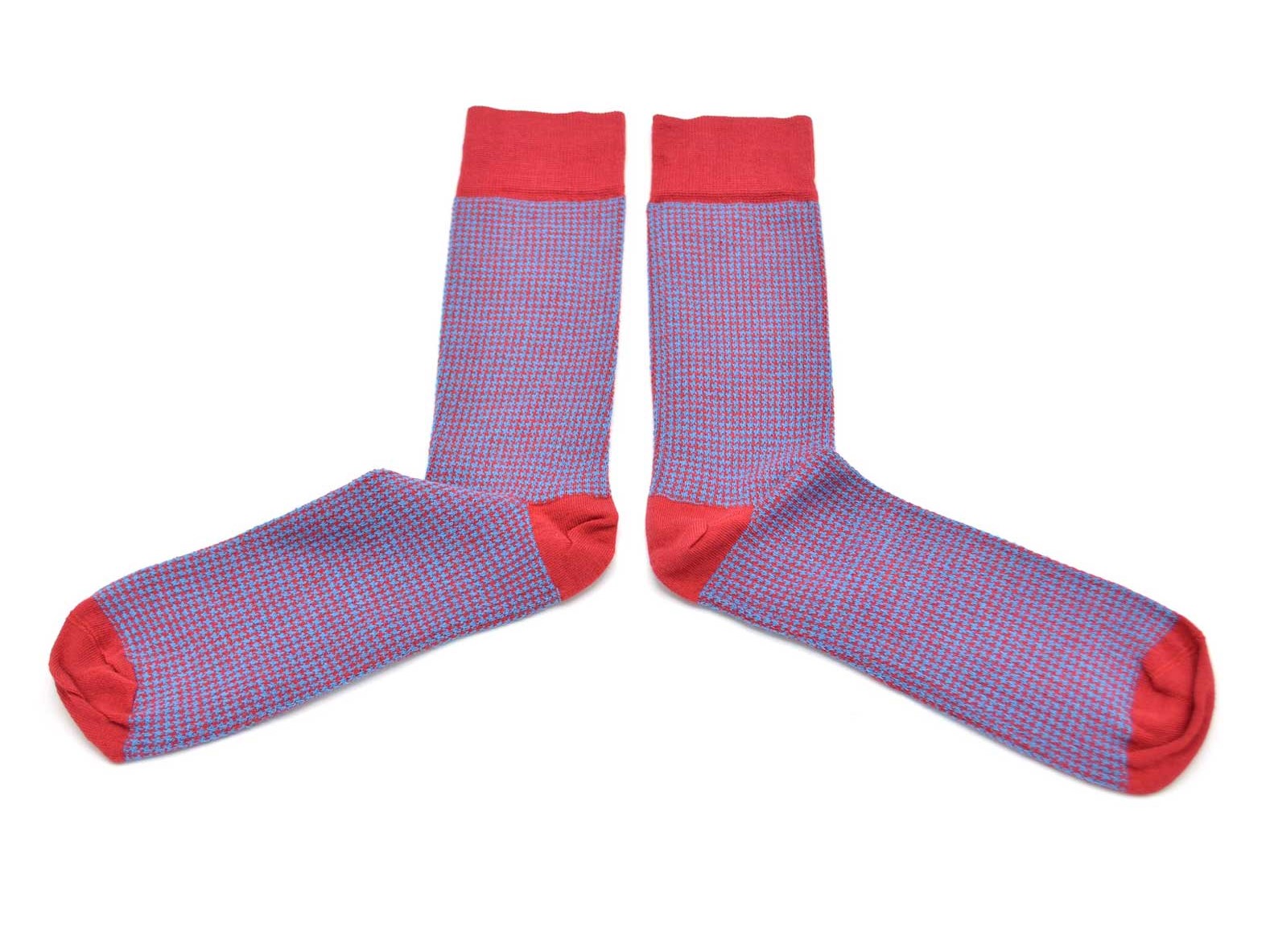 chaussettes-fantaisie-hommes-femmes-en-coton-rouges-à-motif-pied-de-poule-bleu-ciel-remaillées-à-la-main
